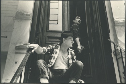 Jeff Weiss and Richard C. Martinez, aka Murphy, in the 1990s in front of their 10th street apartment, where the first shows of <em>And That's How The Rent Gets Paid</em> were performed.