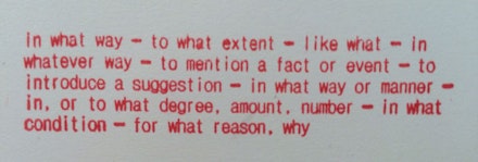 Stamp of composite definitions of the word “how” from the exhibition poster. Courtesy of the artist.