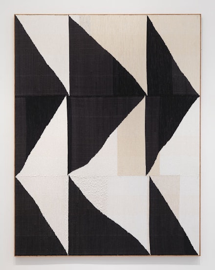 Brent Wadden, “Big BW” (2015). Hand woven fibers, wool, cotton and acrylic on canvas, 107 × 82 ̋. Courtesy of the artist, Peres Projects, and Mitchell-Innes & Nash.