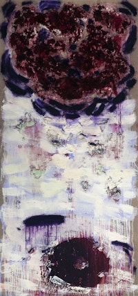 Joan Snyder, “Winter Rose” (2013). Oil, acrylic, paper mache, pastel, and glitter on linen, 64 × 30 ̋.