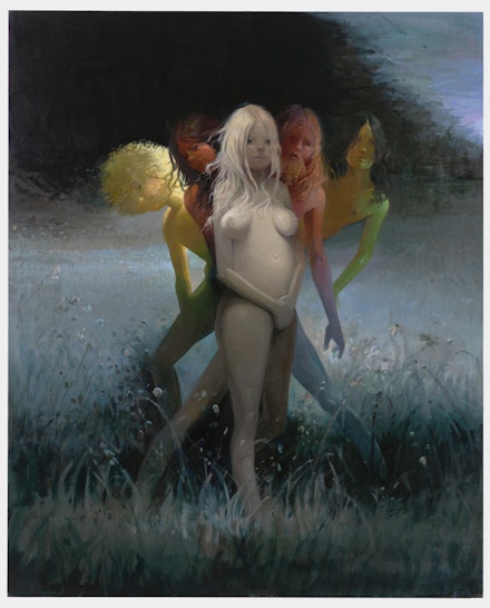 Lisa Yuskavage, “Hippies” (2013). Oil on linen, 82 1/4 × 66 1/2 × 1 1/2˝. Courtesy the artist and David Zwirner.