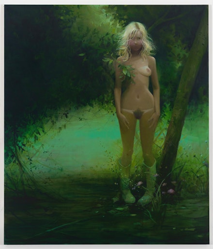 Lisa Yuskavage, “In the Park” (2014). Oil on linen, 84 × 72 × 1 5/8˝.  Courtesy the artist and David Zwirner.