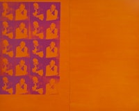 Deborah Kass, <em>Orange Disaster (Linda Nochlin)</em> (1997). Silkscreen, ink, and acrylic on canvas.120 × 150 inches (120 × 75 inches each canvas). Photo: Josh Nefsky. Courtesy the artist and Paul Kasmin Gallery.