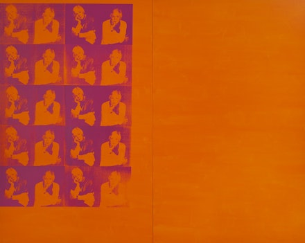 Deborah Kass, <em>Orange Disaster (Linda Nochlin)</em> (1997). Silkscreen, ink, and acrylic on canvas.120 × 150 inches (120 × 75 inches each canvas). Photo: Josh Nefsky. Courtesy the artist and Paul Kasmin Gallery.