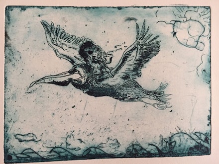 Sam Messer, <em>Babe Ruth Escaping</em>. Hand-colored etching, 9 x 12 in. (Still from <em>Dennis the Pirate</em>, 2015.) Courtesy the artist.