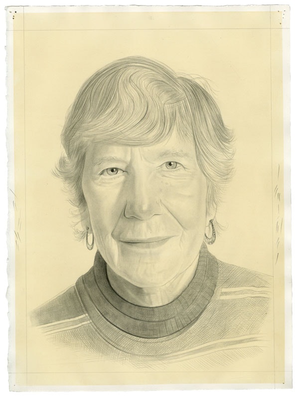 Portrait of Mary Heilmann. Pencil on paper by Phong Bui.