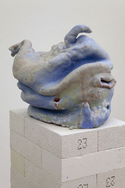 Arlene Shechet, <em>Is and Is Not</em>, 2011. Glazed ceramic and kiln brick, 42 × 14 × 12 inches. Courtesy the artist and Sikkema Jenkins & Co., New York.