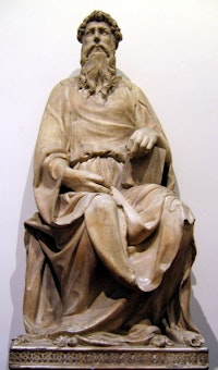 Donatello, <em>St. John the Evangelist</em>, 1410 Ã¢â‚¬â€œ 11. Marble. 6.83 ft. Photo: Richard Heidler (CC BY-SA 3.0) / Desaturated from the original.
