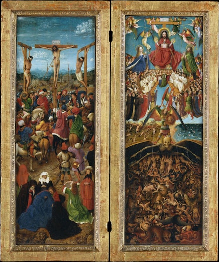 Jan van Eyck, <em>Crucifixion and Last Judgment</em>, ca. 1435 – 40. Oil on canvas, transferred from wood. Each 22 1⁄4 × 7 2/3 in. Courtesy the Metropolitan Museum of Art, Fletcher Fund, 1933.