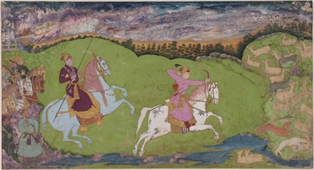 <em>Princely Deer Hunters</em>, India, Deccan ca. 1660 – 70. Ink, opaque watercolor, and gold on paper. 9 1/2 × 17 15/16 in. Collection of Mrs. Stuart Cary Welch, New Hampshire.