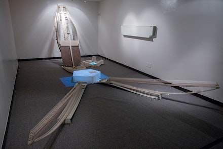 Choong Sup Lim, <em>Luna: Thousand River  & Thousand Reflections</em>, 2015. 1000 yards of traditional Korean cotton thread, rice paper, wax, wood, kinetic system, D.V.D., rocks, 12 x 15 x 9 ft. Courtesy the Korean Society. 