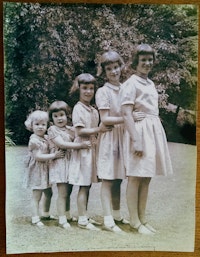 “The Stroud Cousins,” from Schoolhouse Ledge, standing from right to left: Lynn, Clara, Sydie, Ann, Kippy. 1952.