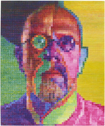 Chuck Close, <em>Self-Portrait I</em>, 2014. Oil on canvas, 101 7/8 × 84 1/8 inches. Courtesy Pace Gallery. Photo: Kerry Ryan McFate.