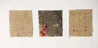 Suzanne Goldenberg, <em>Note to Self, # 1,4,7</em>, 2015. Ink and thread on linen, 12 × 12 inches.
Courtesy Gallery Molly Krom.