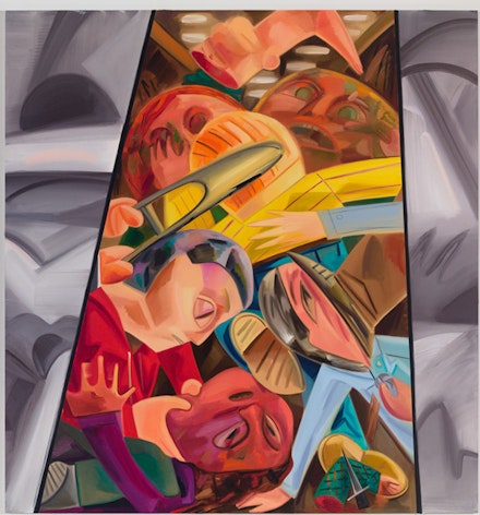 Dana Schutz, Fight in an Elevator 2, 2015. Oil on canvas, 96 × 90 inches. Courtesy the artist and Petzel, New York.