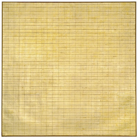 Agnes Martin, <em>Friendship</em>, 1963. Incised gold leaf and gesso on canvas, 6 1/4 x 6 1/4 ft. Courtesy Tate Modern, London. (c) 2015 Agnes Martin / Artists Rights Society (ARS), New York.