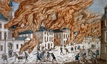 The print shows several building engulfed in flames during a fire on September 19, 1776, citizen being beaten by Redcoats, and looting by African slaves. Created by Chez Basset in approximately 1778. Courtesy of The Library of Congress.