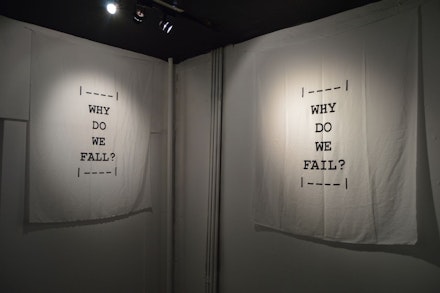 Rainer Ganahl, WHY DO WE FALL? WHY DO WE FAIL?, 43” x 59” each, Silkscreen on silk, Edition of 3