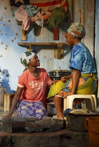 Lupita NyongÃ¢â‚¬â„¢o and Saycon Sengbloh on Clint RamosÃ¢â‚¬â„¢s set for <em>Eclipsed</em>. Photo by Joan Marcus.