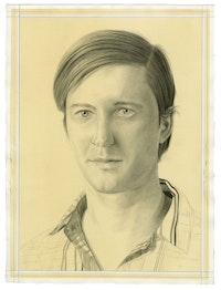 Portrait of Greg Lindquist. Pencil on paper by Phong Bui. From a photo by Taylor Dafoe.