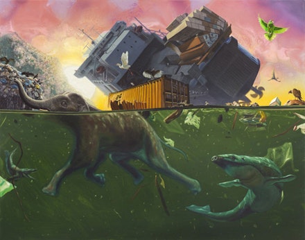 Alexis Rockman, <em>Ark</em>, 2014. Oil on wood. 44×56 inches. Courtesy the artist and Sperone Westwater Gallery.