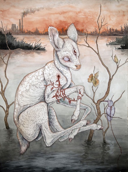 Caitlin Hackett, <i>Ghosts From the Flood Plain</i>, 2012. Ballpoint pen, water color, and colored pencil on paper, 22 x 30 inches. 