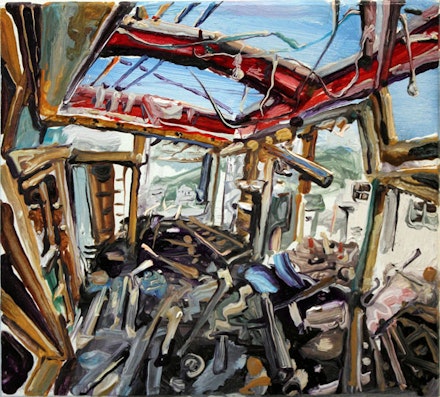 Amer Kobaslija, <i>Ruined House Near Kesennuma Port II</i>, 2013. Oil on plexi-glass, 3 1/2 x 3 7/8 inches. Courtesy George Adams Gallery.