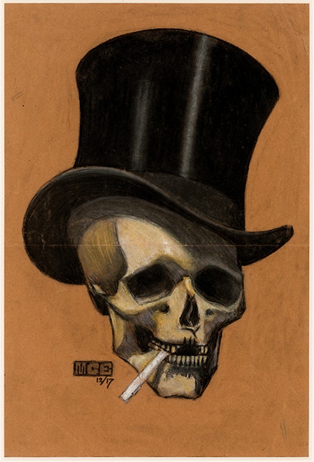 M. C. Escher, <em>Skull with Cigarette</em>, 1917. Pencil, black and colored chalks on brown paper, 30 1/3 x 24 1/4 inches. Collection of Dr. Stephen R. Turner, © 2015 The M. C. Escher Company, The Netherlands. All rights reserved.