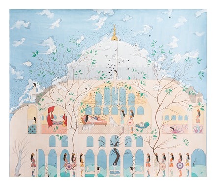 Hiba Schabaz, <em>The Guard</em>, 2014. Tea, gold leaf, collage, gouache and watercolour on wasli, 45 x 35 inches. Courtesy the artist.