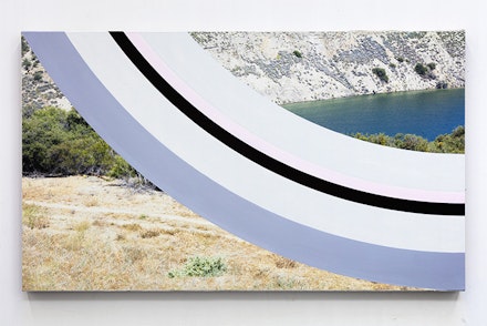 James Hyde, <em>TRACK</em>, 2015. Acrylic dispersion on archival inkjet print mounted on linen and board, 22.25 x 38 inches. Courtesy Luis De Jesus Gallery.