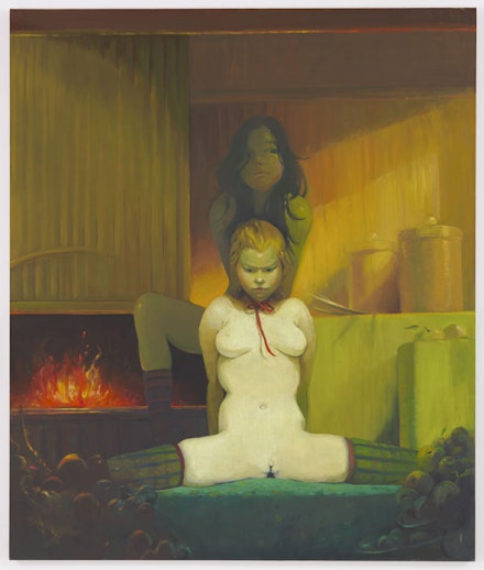 Lisa Yuskavage, <em>Fireplace</em>, 2010. Oil on linen, 77 1/4 × 65 × 1 1/2 inches. Courtesy the artist and 
David Zwirner, New York/London.