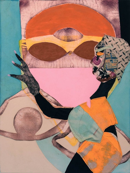 Tschabalala Self, <i>Bodega Run</i>, 2015. Oil, pigment and flasche on canvas 44 x 30 inches. Courtesy Thierry Goldberg Gallery, New York.