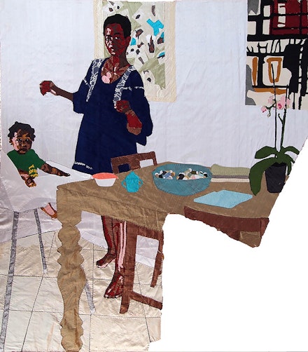 Billie Zangewa, <i>Mother and Child</i>, 2015. Silk tapestry, 51 x 54 inches. Courtesy Afronova Gallery, Johannesburg, South Africa. Courtesy the artist.