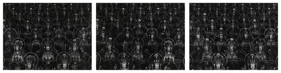 Hiroshi Sugimoto, <em>Sea of Buddha 001, 002, 003</em>, 1995. Gelatin silver prints, 47 × 58 3/4 inches, three prints each. © Hiroshi Sugimoto. Courtesy Pace Gallery and the artist.
