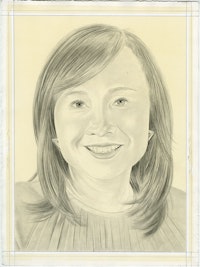 Portrait of Joan Kee. Pencil on paper by Phong Bui. From a photo by Sally Bjork.