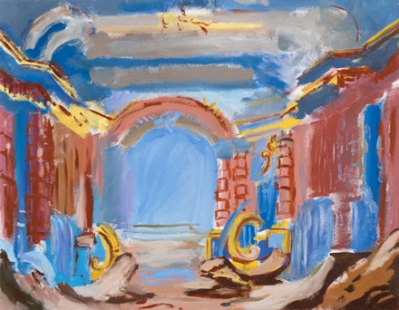 Karen Kilimnik, <em>Neptune’s grotto theater</em>, 2015. Water soluble oil color on canvas. 14 1/8 × 10 3/4 inches. Courtesy 303 Gallery.