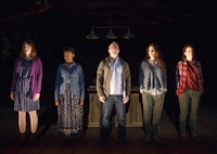 (From left): Crystal Finn, April Matthis, Nat DeWolf, Annie Parisse & Maria Striar in <em>Antlia Pneumatica</em> at Playwrights Horizons.