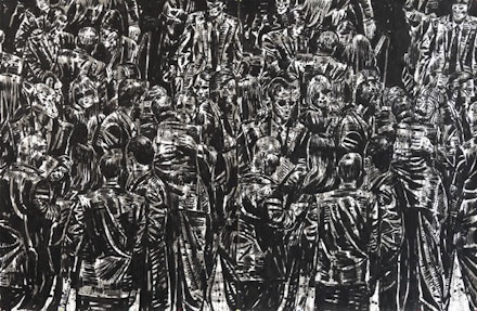 Nicky Nodjoumi, <em>Engaged Crowd</em>, 2015. Ink and wash on paper. 79 x 120 inches. Courtesy the artist and Taymour Grahne Gallery, New York.