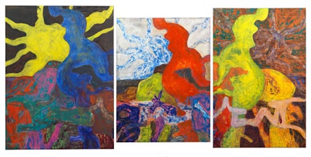 Bill Jensen, <em>Loom of Origins</em>, 2014 – 15. Oil on linen (triptych). 62 x 123 1/3 inches. Courtesy the artist. 