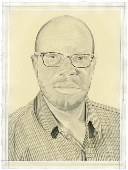 Portrait of Huey Copeland. Pencil on paper by Phong Bui. From a photo by Meta Rose Torchia.
