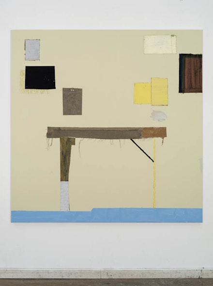 Lawrence Power, <em>Paul’s Studio</em>, 2015. Oil and collage on canvas. 62 × 62 inches. Courtesy Pablo’s Birthday.