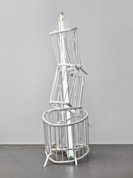 Bettina Pousttchi, <em>Double Monument for Flavin and Tatlin IX</em>, 2013. Powder coated crowdbarriers, and neon, 114 x 59 x 55 inches. Courtesy of the artist and Buchmann Galerie Berlin.