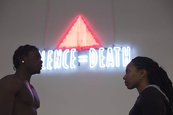 Gerard & Kelly, <em>Two Brothers</em>, performance view, New Museum, New York, NY, September 1, 2014 – February 15, 2015. Pictured: Forty Smooth and Tanya St. Louis.