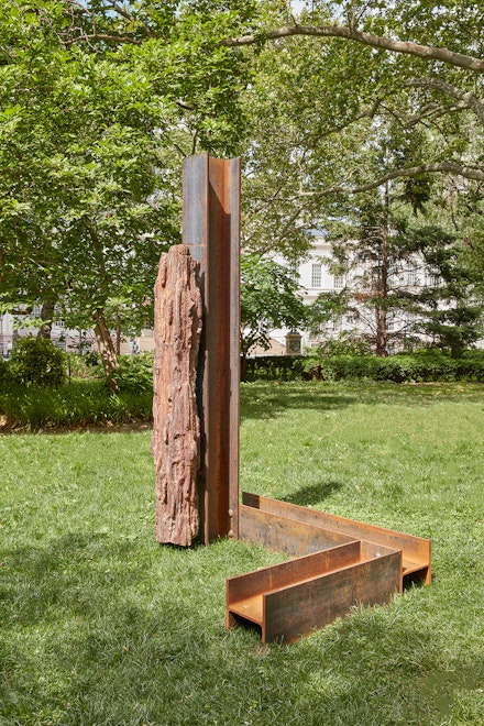 Carol Bove, <i>Lingam</i>, 2015. Petrified wood and steel. Courtesy the artist, Maccarone New York/Los Angeles and David Zwirner New York/London. Photo: Jason Wyche, Courtesy Public Art Fund, NY.