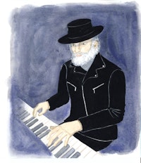 Garth Hudson, “all in black leather and bent out of shape.” Illustration by Megan Piontkowski.