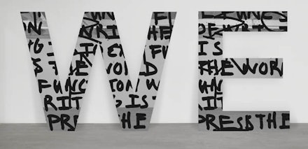 Adam Pendleton, <em>WE (we are not successive)</em>, 2015. Silkscreen ink on mirror polished stainless steel. 46 13/16 x 61 1/2 x 5/8 inches (W) 46 13/16 x 35 5/8 x 5/8 inches (E). Courtesy the artist.