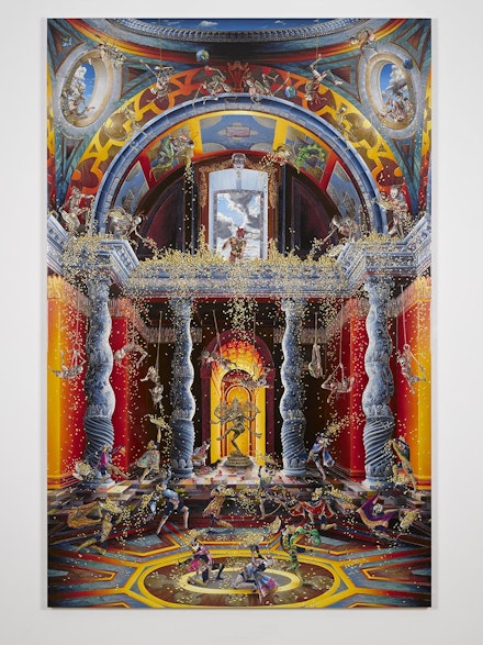 <p>Raqib Shaw, <em>The Purification of the Temple (After Venusti) II</em>, 2014 – 2015. Acrylic and enamel on birchwood, 108 1/16 x 72 1/16 inches (274.5 x 183 cm). © Raqib Shaw. Photo © White Cube (Ben Westoby)</p>