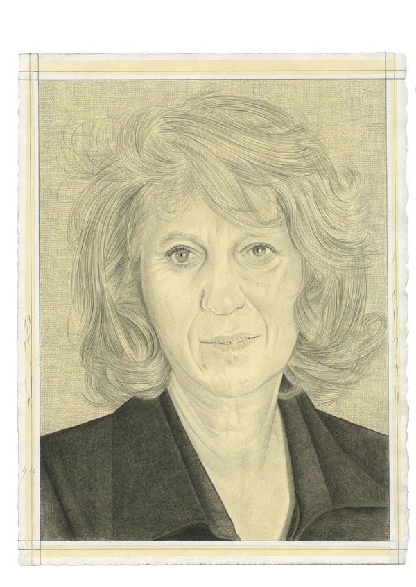 Portrait of Mierle Laderman Ukeles. Pencil on paper by Phong Bui. From a photo by Susan Egan.