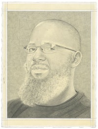 Portrait of Meleko Mokgosi. Pencil on paper by Phong Bui. From a photo courtesy the artist and Jack Shainman Gallery.