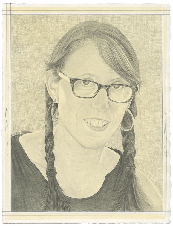Portrait of Andrea Zittel. Pencil on paper by Phong Bui. From a photo by Elena Ray.